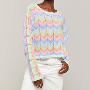 Brodie Cashmere Rainbow Chevron Slash Neck Cashmere Sweater XS